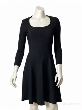 Theory Black Fit & Flare Dress 3/4 Sleeve Scoop Neck Knit Mini Size 2